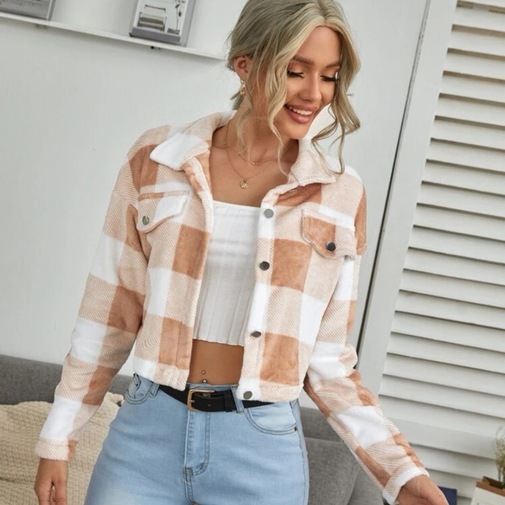 Tan plaid cropped button down
